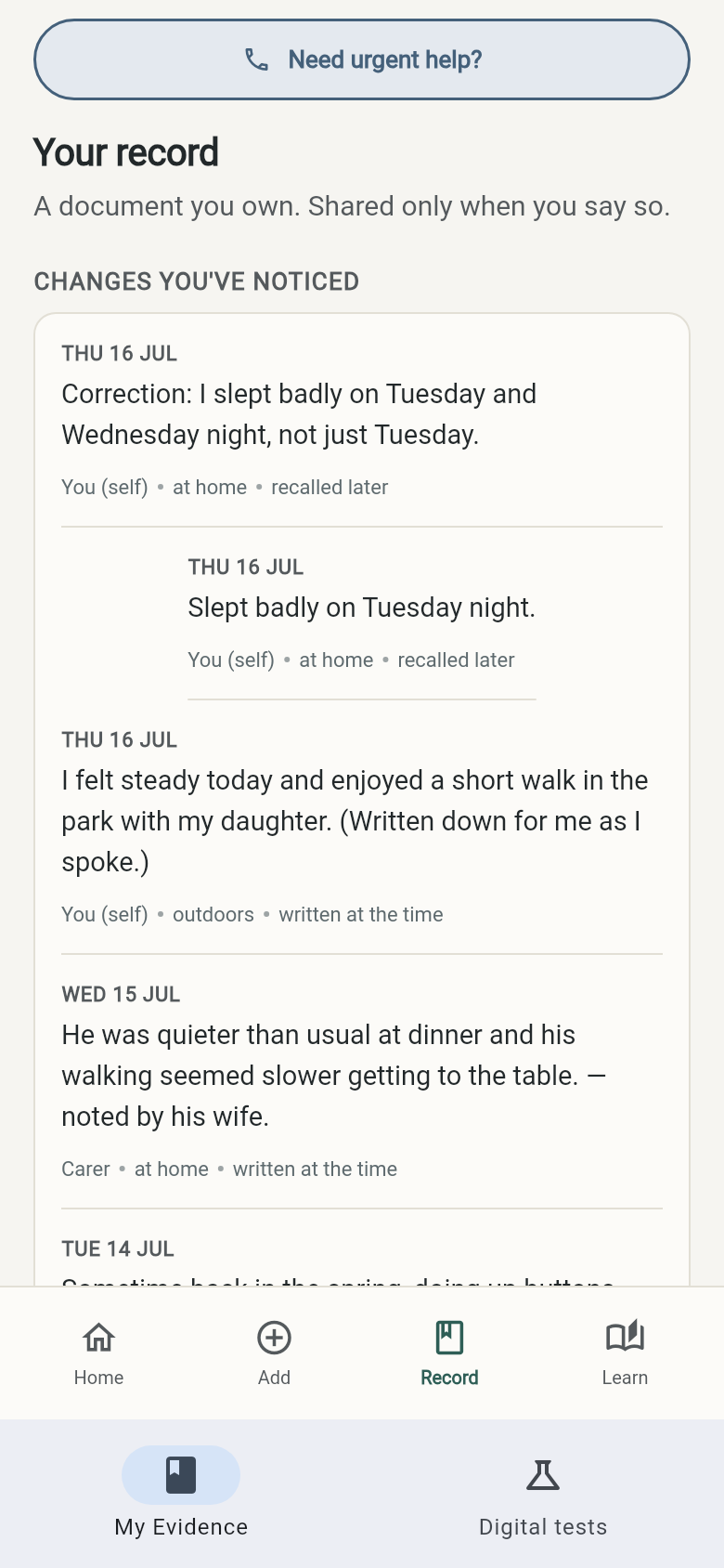 Lantern record screen: a document you own, in date order, with self and carer entries side by side